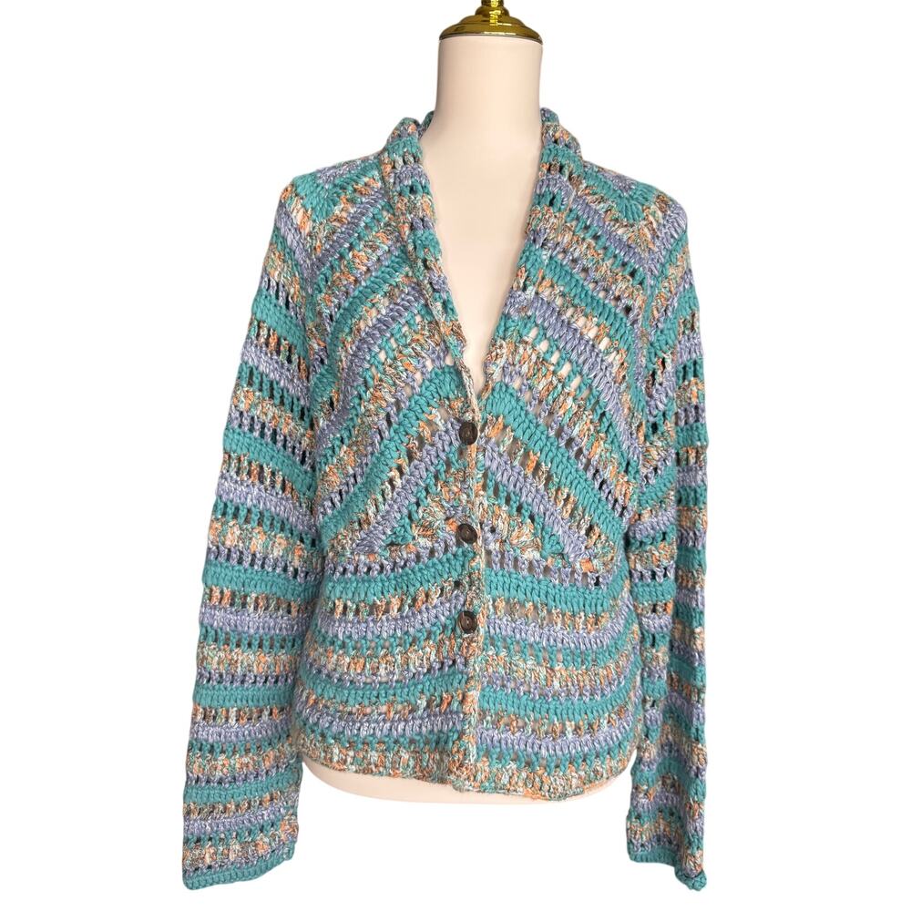 J. Jill Hand Crochet Open Knit Cardigan Blue Teal Cotton Blend Boho Medium - Picture 3 of 12
